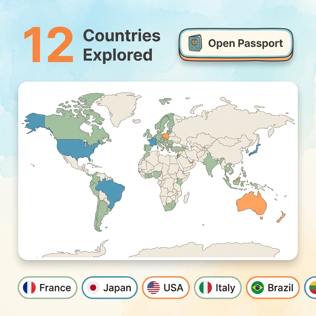 Journily app preview showing a tropical travel scrapbook with map, journal, photos, and AI recap cards